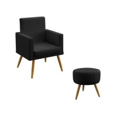 Kit Poltrona Nina Com Rodapé e Puff Solar Couro Preto Aradecor