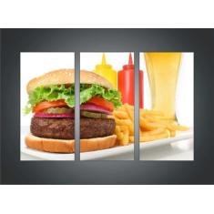 Quadro Decorativo Hambúrguer Lanches Gourmet Com 3 peças Com Moldura -