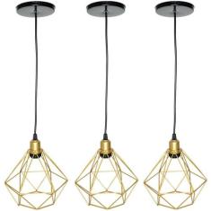 3 Pendentes Aramado Diamante Cabo 1,5 Mt Luminária Lustre P Teto Retrô