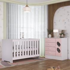 Quarto de Bebê com Cômoda 4 Gavetas 1 Porta com Janela e Berço 3 em 1 Maya Rodial - Rosa