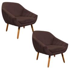 Kit 02 Poltronas Giovana Suede Pés Palito Castanho Marrom - DROSSI