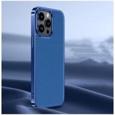 Capa de telefone de couro genuíno de luxo para iPhone 14 13 12 Pro Max Estrutura de revestimento de metal Proteção de lente Capa macia de couro real, azul, para iPhone 13 ProMax