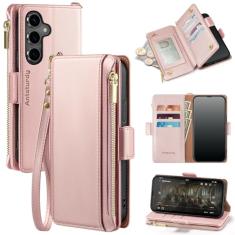 Antsturdy Capa carteira compatível com Samsung Galaxy S24 FE 5G com porta-cartões mulheres homens capa protetora de couro PU bloqueio RFID alça de pulso zíper compartimentos para cartão de crédito