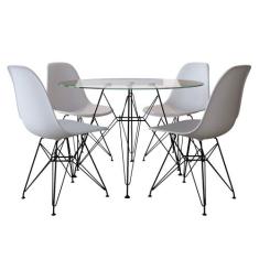 Mesa de Jantar com 4 Cadeiras Brancas Eames Eiffel Tampo Vidro Redondo
