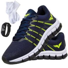 Tenis Masculino Kit Meias + Relogio Sapato Esportivo Veloz - GP, Azul,