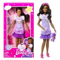 Boneca Articulada Barbie Malibu Vestido Lilás Negra 34Cm Com Acessório