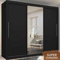 Guarda Roupa Casal com Espelho Grande 3 Portas de Correr 4 Gavetas Gelius Royale - Preto