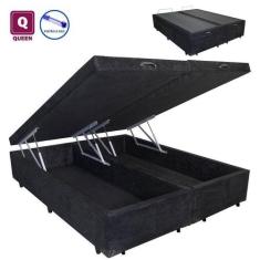 Cama Box Queensize Com Bau Pistão-Gás Preto Suede Bipartido - A Colcho