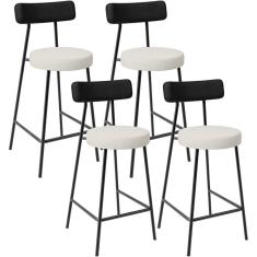 Kit 04 Banquetas Baixa Cozinha Sala Jantar Milão L02 Couríssimo Preto Linho Champagne - Lyam Decor