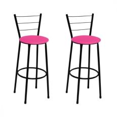 Kit 2 Banquetas Médias Preta com Encosto Assento Rosa
