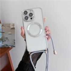 Chapeamento claro magnético sem fio casos de carregamento para iphone 15 14 11 12 13 pro max crossbody cordão colar capa, prata, para iphone 15 pro