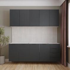 Cozinha Modulada 4 Peças sem Tampo sem Rodapé 2 Aéreos e 2 Balcões Ipanema Cabecasa Madeiramadeira Grafite Trama