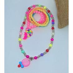Kit Conjunto Infantil Colar e Pulseiras Miçangas Coloridas Pingente Un