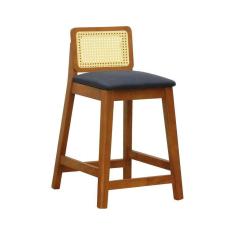 Banqueta Média Gabi Madeira Maciça Telinha Natural - Amêndoa Assento Estofado Linho Preto Textura