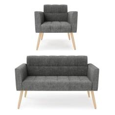 Kit 1 Sofá Namoradeira e 1 Poltrona Elisa Linho Grafite A26 Pés Palito Natural - D`Rossi