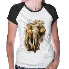 Baby Look Raglan Elefante Watercolor - Foca na Moda, Branco, Preto, GG