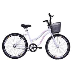 Bicicleta Feminina 26 Beach Branca Monomarcha com Aros duplos, Pneus Slik e Cesta - Dalannio Bike