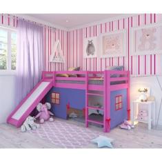 Cama Alta Kids com Escorregador e Tenda em Madeira Maciça/mdf Rosa/azul