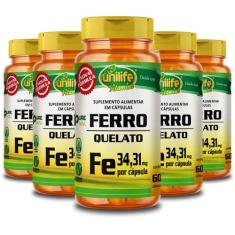 Kit 5 Ferro Quelato FE Unilife 60 Cápsulas