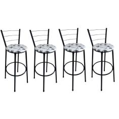 Kit 4 Banquetas Alta Preta com Encosto Assento Branco Floral Jaddi
