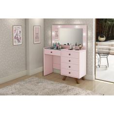 Penteadeira Camarim Rosa 5 Gavetas Corrediças Telescópica Led e Espelho Não Usa Lâmpada