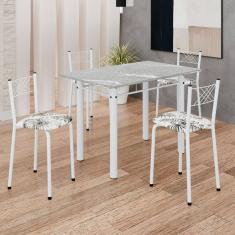 Conjunto Sala de Jantar Mesa Retangular 100x60cm Tampo Granito Topázio 4 Banquetas Maragogi Yescasa Flor de Lotus / Branco