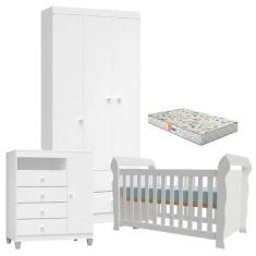 Quarto de Bebê 3 Portas Ternura Baby com Berço Lara Branco Brilho com 