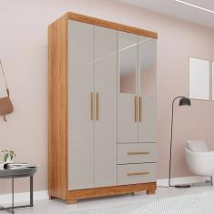 Guarda-Roupa Diamante Premium 4 Portas 2 Gavetas com Pés e Espelho Cinamomo/Off White - Pnr Móveis