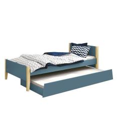 Bicama Solteiro Simba Azul Fosco Com Pés Madeira Natural E Colchões D20 E D33 Reller Móveis