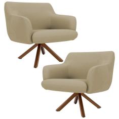 Kit 2 Poltronas Decorativas Giratórias Base Giromad Madeira Jade Veludo C-68 Bege - Domi