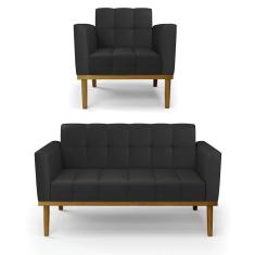 Sofá Namoradeira E Poltrona Base De Madeira Castanho Elisa Corino Preto D03 - D`rossi