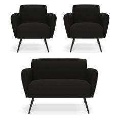 Sofá Namoradeira Com 2 Poltronas Pés Palito De Ferro Bruna Suede - D`rossi Cor Preto