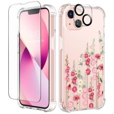 GVIEWIN Capa projetada para iPhone 13 de 6,1 polegadas, com protetor de tela de vidro temperado + protetor de lente de câmera, flor transparente, macia e flexível, fina, à prova de choque, floral