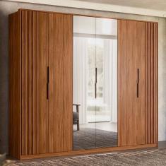 Guarda Roupa Casal Atrice Ripado 6 Portas Nogueira Touch Com 2 Espelhos - Demartêz
