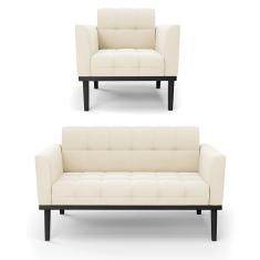 Sofá Namoradeira E Poltrona Base De Madeira Preto Elisa Veludo D03 - D'rossi Cor Bege