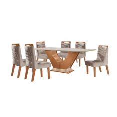 Sala de Jantar 6 Cadeiras Estofadas Atena e Mesa com Tampo MDF e Vidro