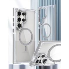 GANGANPRO Capa magnética compatível com Samsung Galaxy S24+ 5G, suporte de anel de câmera embutido, capa protetora transparente clássica à prova de choque para mulheres, homens, meninas, presente,