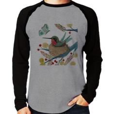 Camiseta Raglan Beija Flor No Ninho Manga Longa - Foca na Moda, Cinza,