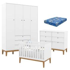Quarto de Bebe Unique 4 Portas com Cômoda 6 Gavetas Branco Soft Eco Wood e Colchão Ortobom - Matic