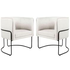 02 Poltronas Decorativas Sala De Estar Base Aço Preto Creme