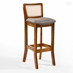 Banqueta Alta em Madeira com Encosto em Rattan Portugal Estofada Linho