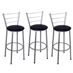 Kit 3 Banquetas Alta Prata com Assento Preto Fortmix