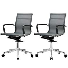 Kit 2 Cadeiras Giratória Office Sydney Diretor Fratini Tela Preta Base Rodízio Aço Cromado