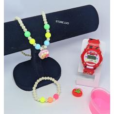 Kit Relógio Infantil Digital Menina Esporte Watch + Conjunto Colar e  Anel Florzinha Borboleta Coração Miçangas Pérolas