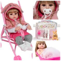 Boneca Reborn Recém Nascida Coelhinha Carrinho Vários Itens - Cegonha 