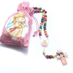 Colar Terço Infantil Colorido Menina Anjo Da Guarda No Saquinho