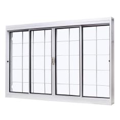 Janela de Aço de Correr Central 100x150cm 4 Folhas com Grade Quadriculada e Vidro Liso Qualitysol Ramassol Branco