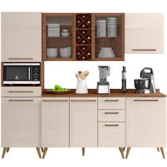 Armário de Cozinha Zanzini Favorita 5 peças com vidro e 8 portas 3 gavetas Marrom/OFF White TX