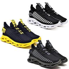 Tênis de Corrida Masculino Academia Macio- 3 Pares Preto e Amarelo - E