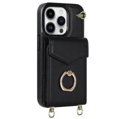 Capa tipo carteira com alça de ombro para iPhone 15 Pro Max 14 13 12 11 Pro Max 15 Plus 13 Pro Lady Couro Bolso para cartão Cordão Capa, Preto, Para iPhone 12 Pro